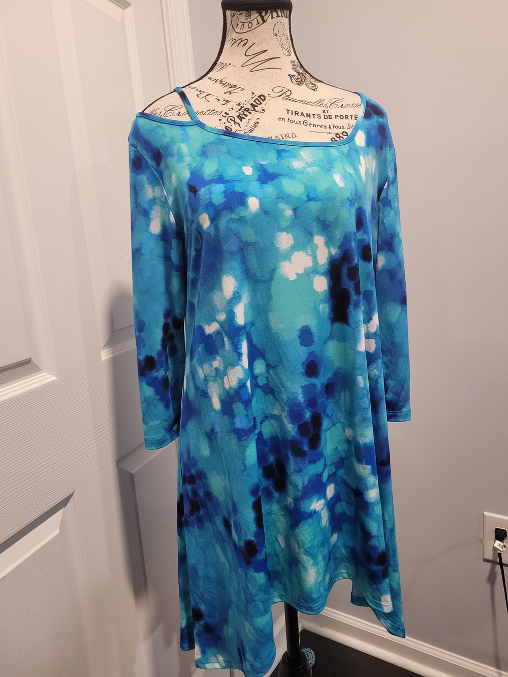 Clara Sun Woo Teal & Blue Abstract Print Tunic Sz. Medium Excellent Condition